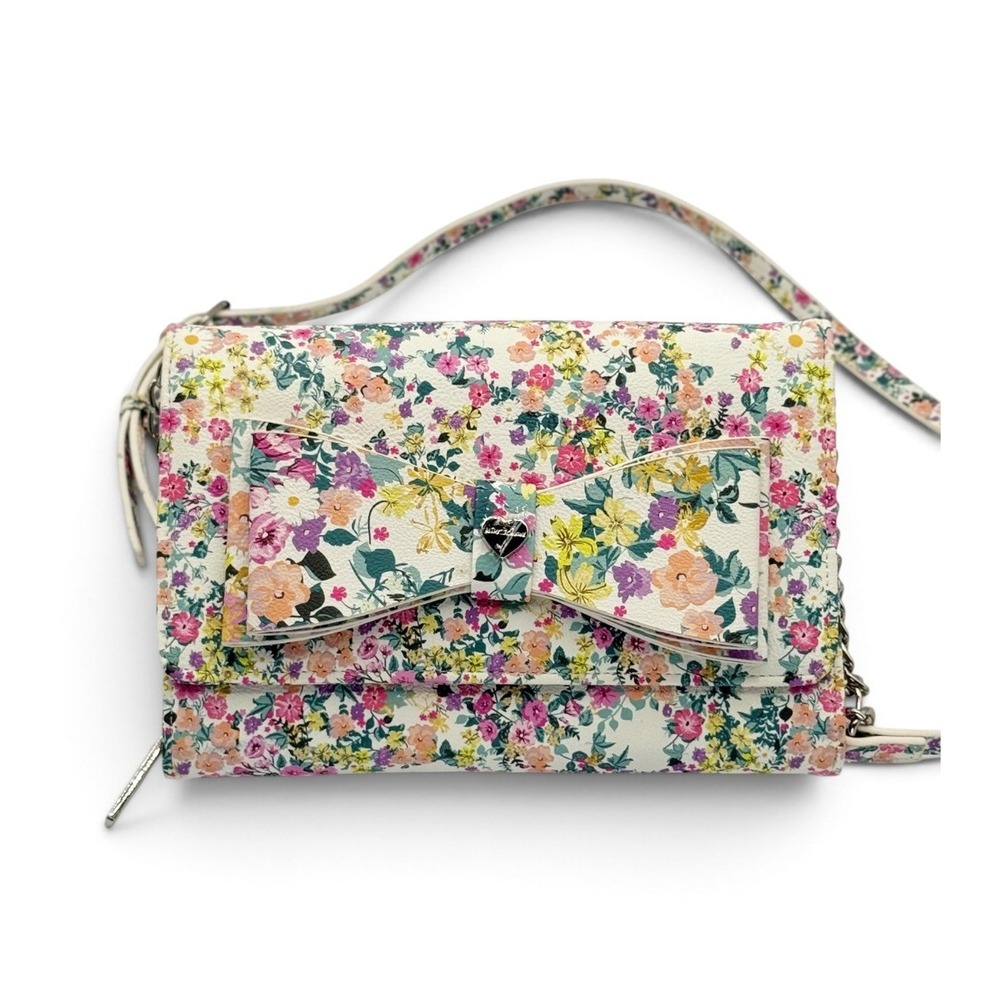 Betsey Johnson Floral Bow Crossbody Flap Zip Bag Purse